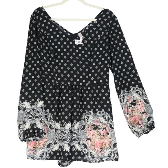 Black Floral Peasant Romper Womens Large Shorts Scalloped Long Sleeve Hippie - Picture 1 of 9